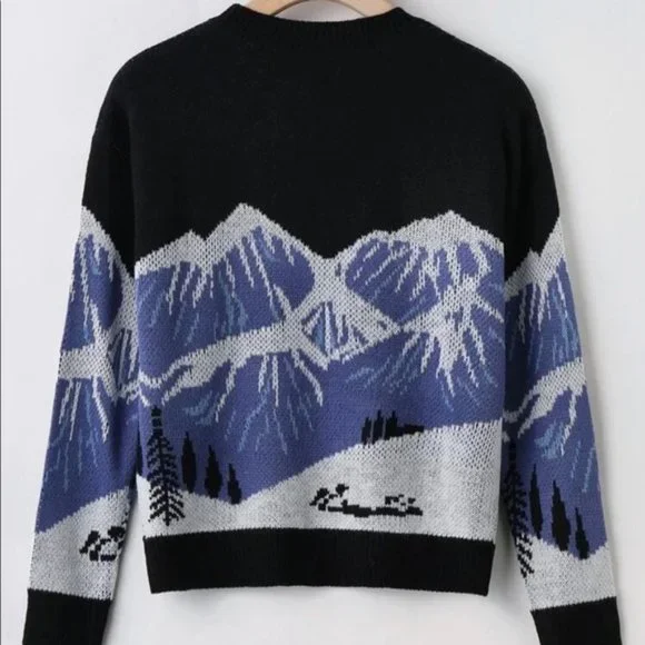 Snow Mountain Pattern Drop Shoulder Sweater Sz M New - Picture 2 of 5